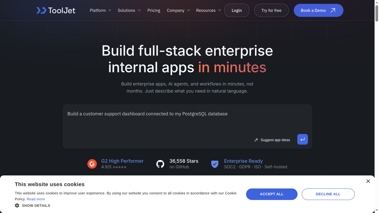 Pagina principal de ToolJet - plataforma open-source low-code