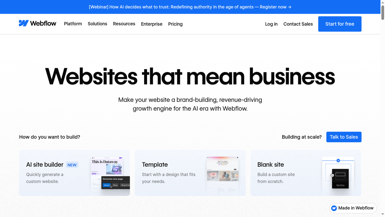 Webflow website homepage