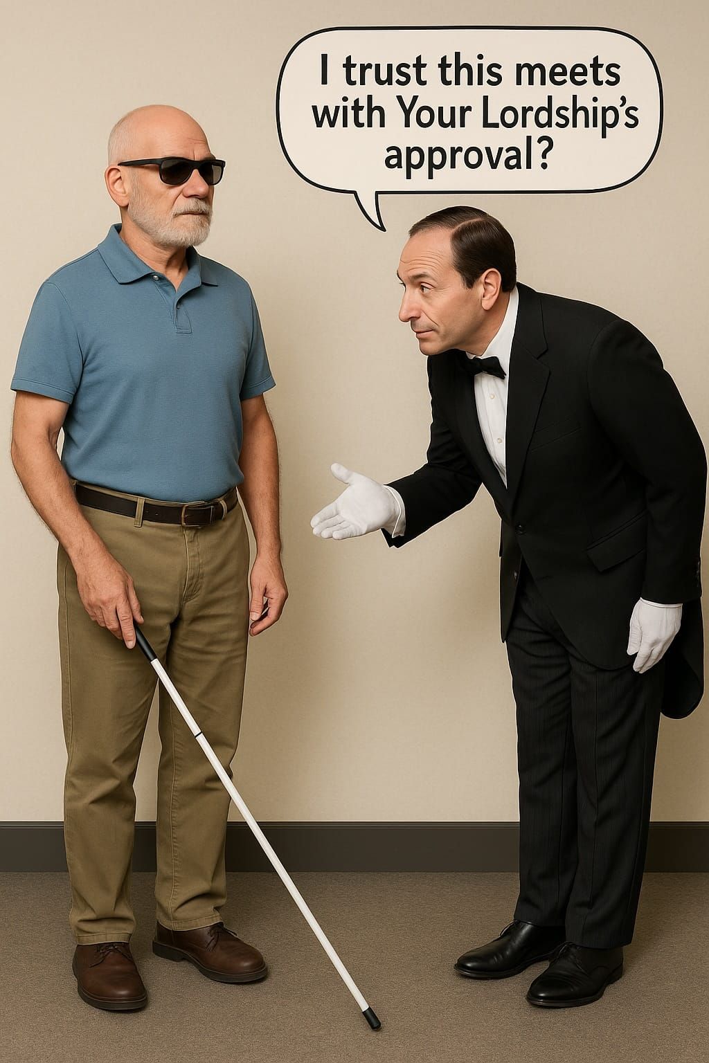 A butler saying to a blind man “I trust this meets with Your lordship’s approval