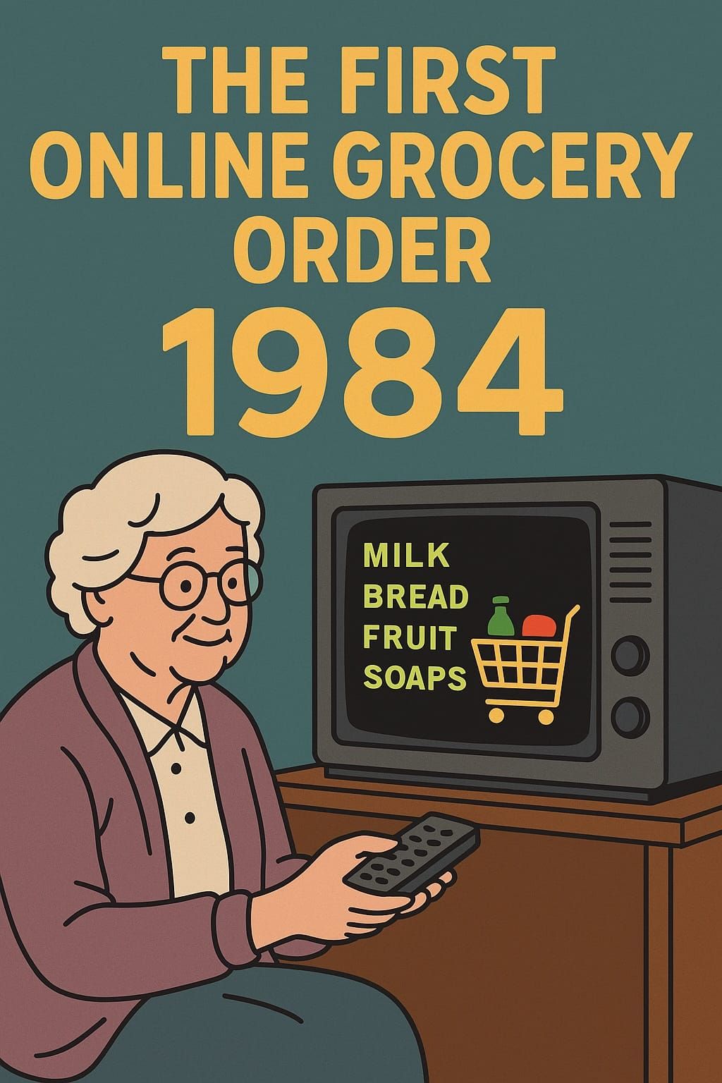 Stylised image of grandmother placing world’s first online grocery order