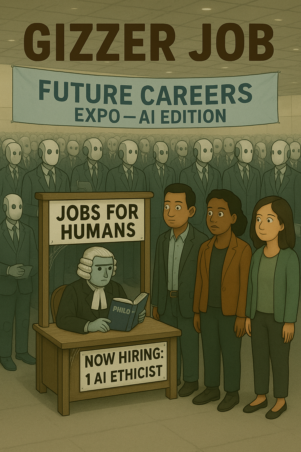 Image of a robot dominated jobs fair with only one job for humans. Title is Gizzer Job