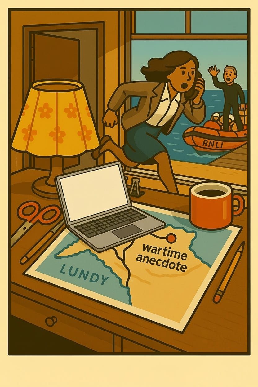 Image of a businesswoman running from her home office cum craft room to join a lifeboat crew.
