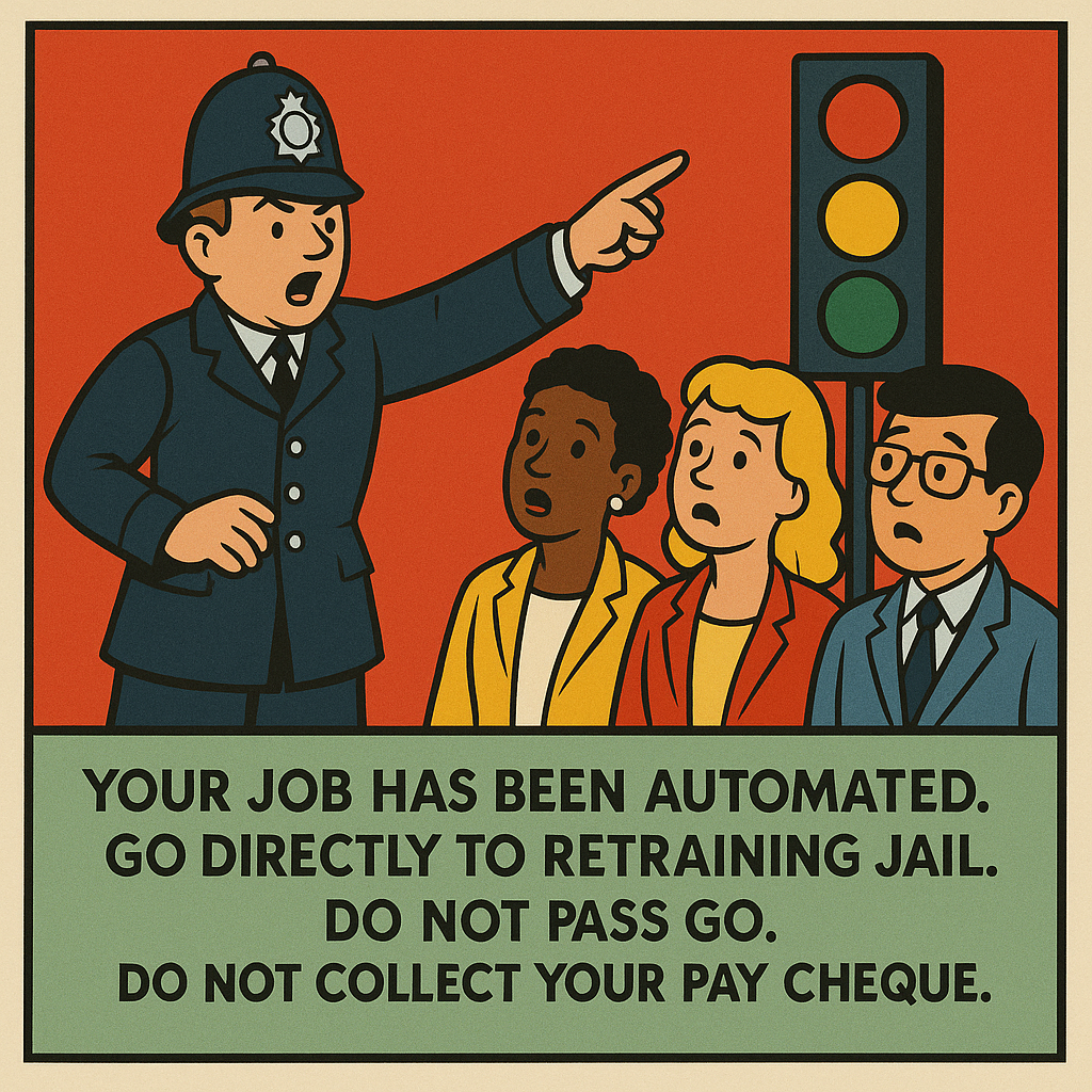 Cartoon Image of office workers being sent to retraining  jail by a British Bobby.