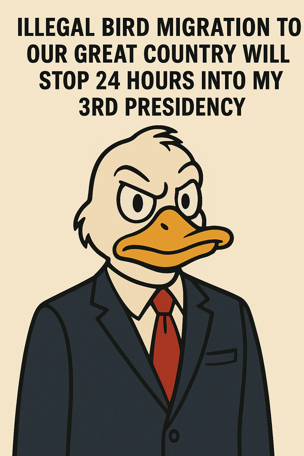 Image of a cartoon duck politician campaigning for a 3rd presidential term of office