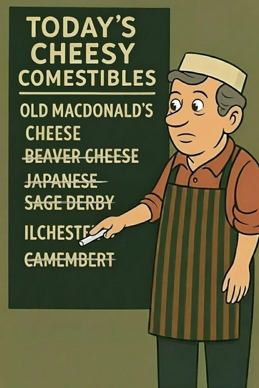 Chalkboard titled "Today's Cheesy Comestibles" with Monty Python cheeses, all crossed out except Ilchester and Old MacDonald’s Great Cheese, as a shopkeeper starts crossing out Ilchester.