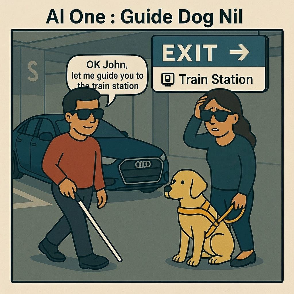 Image of a blind man’s smart glasses leading him along a signposted route, while a blind woman is stymied by her confused dog