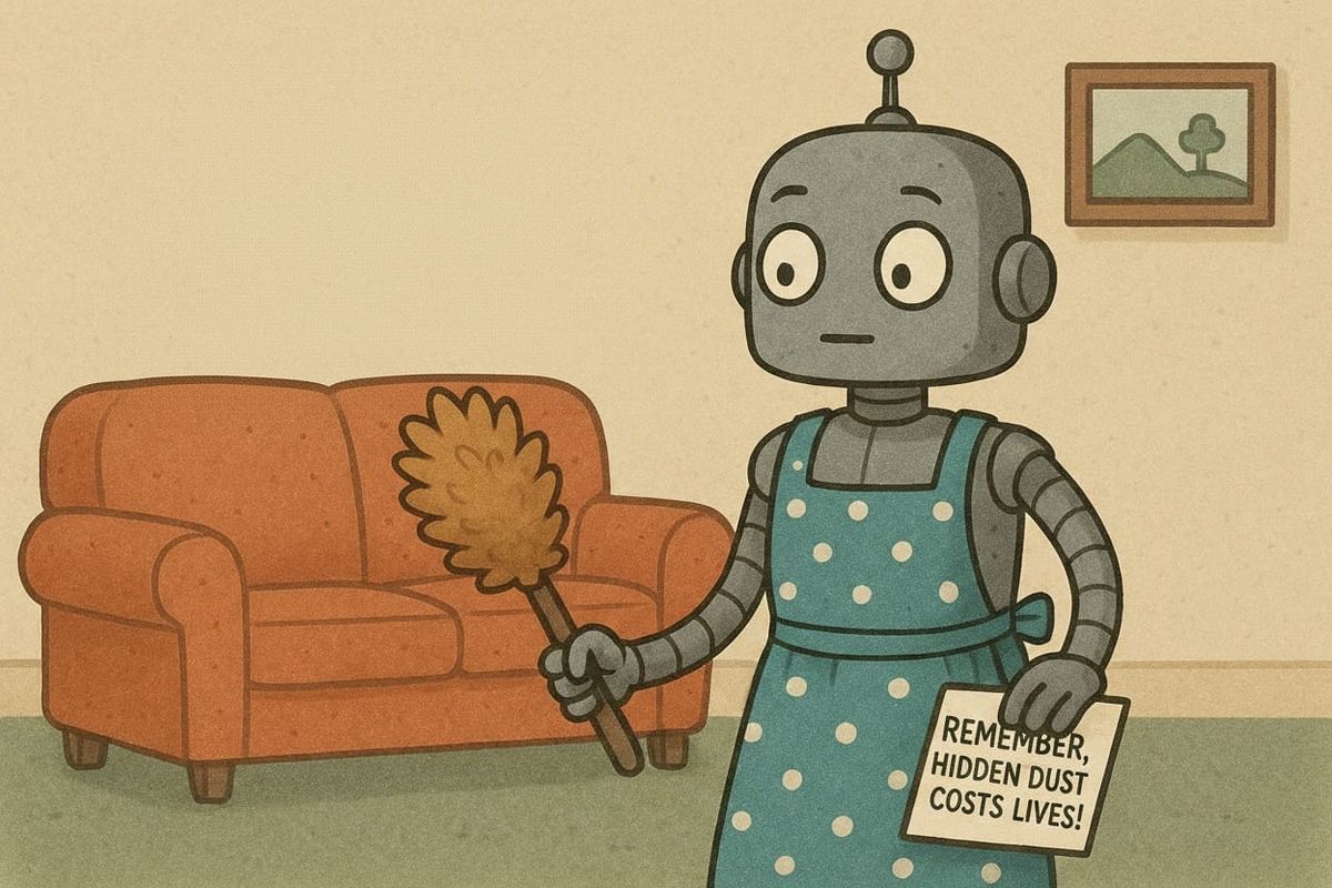Cartoon image of a  humanoid cleaning robot meticulously following extremely worded instructions