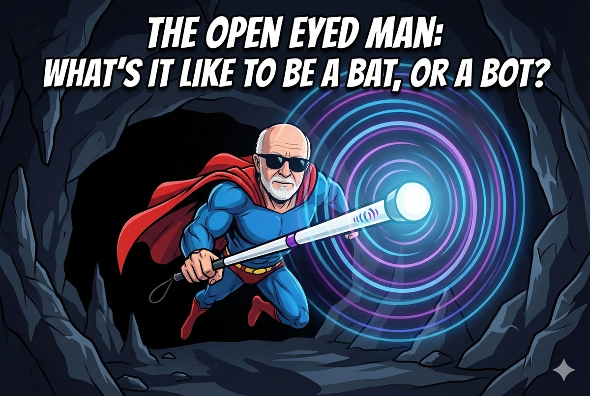 image of a blind man in superman flying pose holding a white stick equipped with sonar)