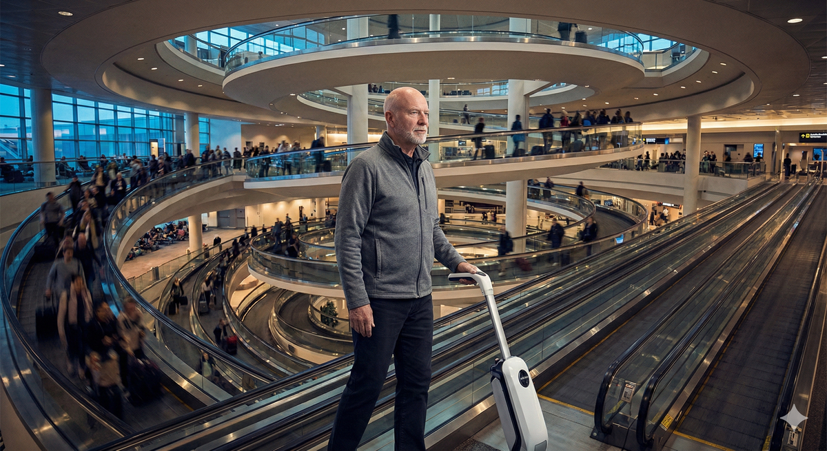 Image of the author and an assistance robot braving the airport circle  of inaccessibility hell