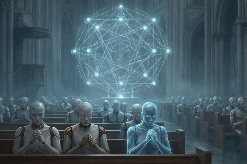 Image of agents worshipping an abstract representation of neural memory