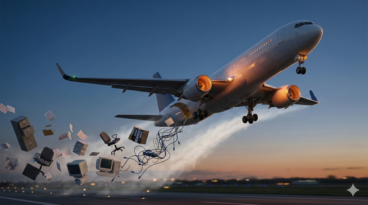 image of AI as a metaphorical jet climbing the J curve, jettisoning legacy systems