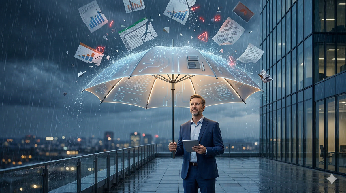 Image of an AI umbrella protecting an office worker from blame debris