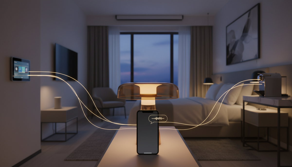 Image of a smart phone controlling hotel room devices