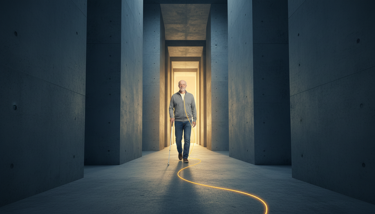 image of a blind man following a digital thread through a stone labyrinth