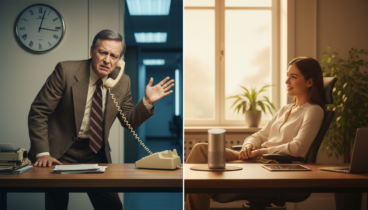 image contrasting painful 80s telephony with modern authentic voice calls