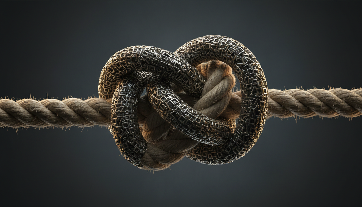 Image of two tangled ropes, one representing a regular expression