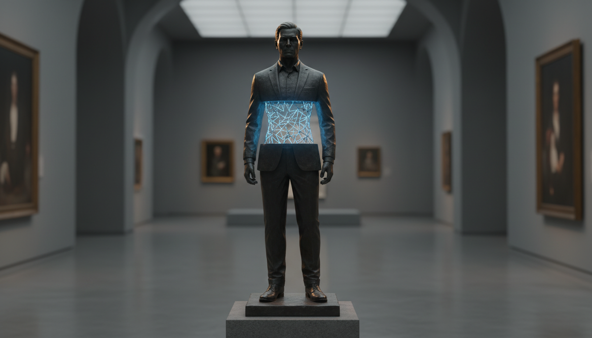 Image of a bronze worker statue with a hollowed out middle containing an AI lattice