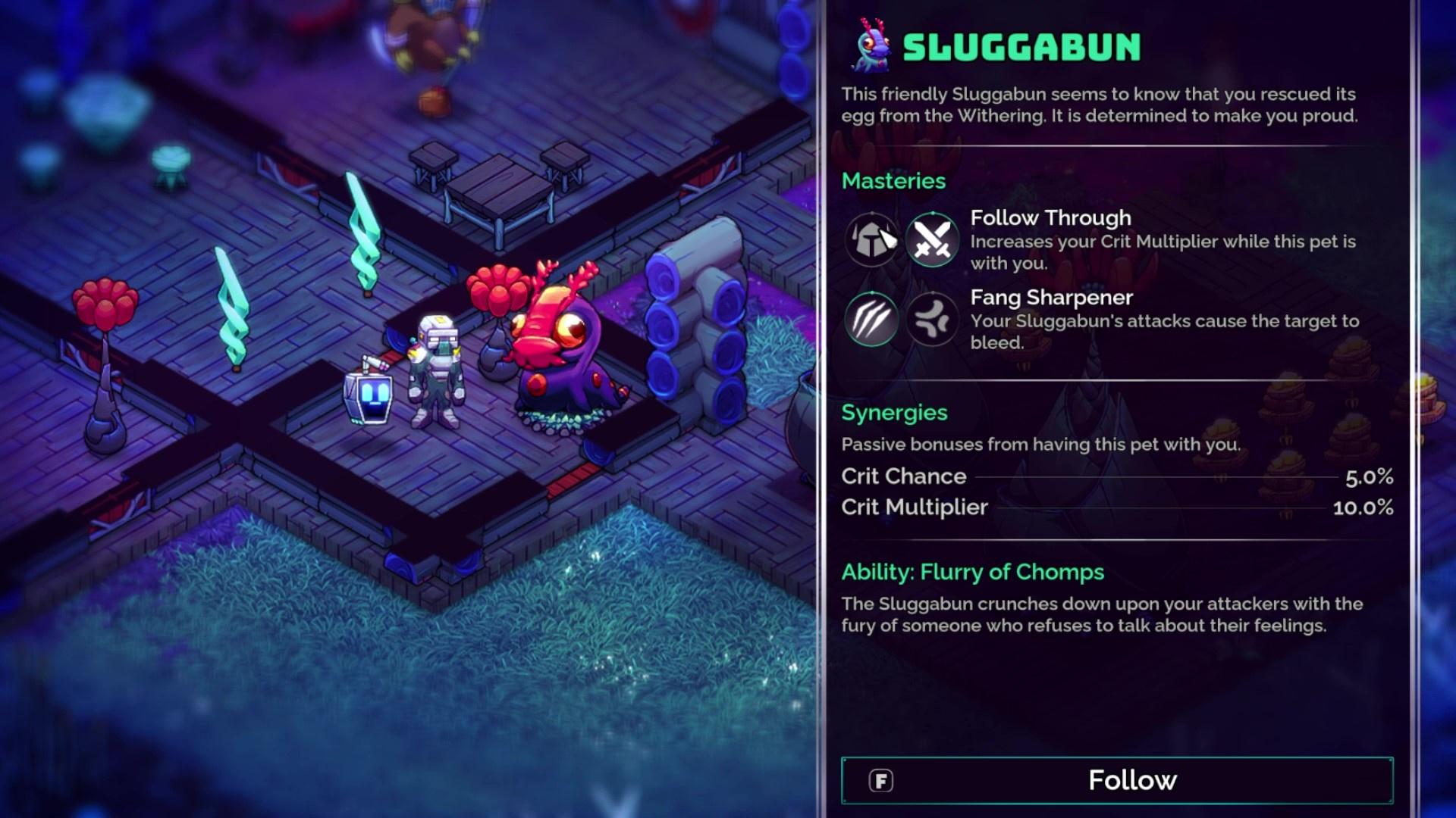A game still showing the player next to their pet Sluggabun, and the interface allowing the player to choose "Masteries" to enhance the passive and active capabilities of that pet.