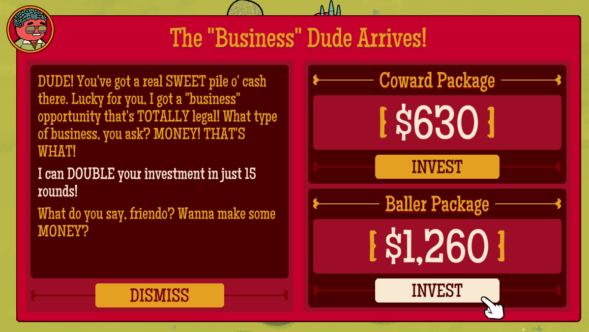 The Business Dude offering a Coward Package and a Baller Package.