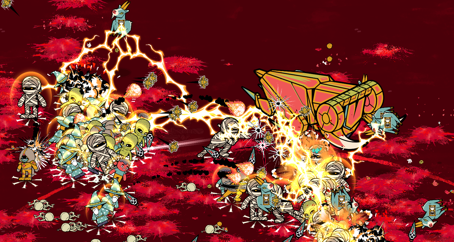The G.O.A.T. boss ramming through a team of Mummy Dudes, Paladin Dudes, Alien Dudes, Wizard Dudes, and Dentist Dudes.