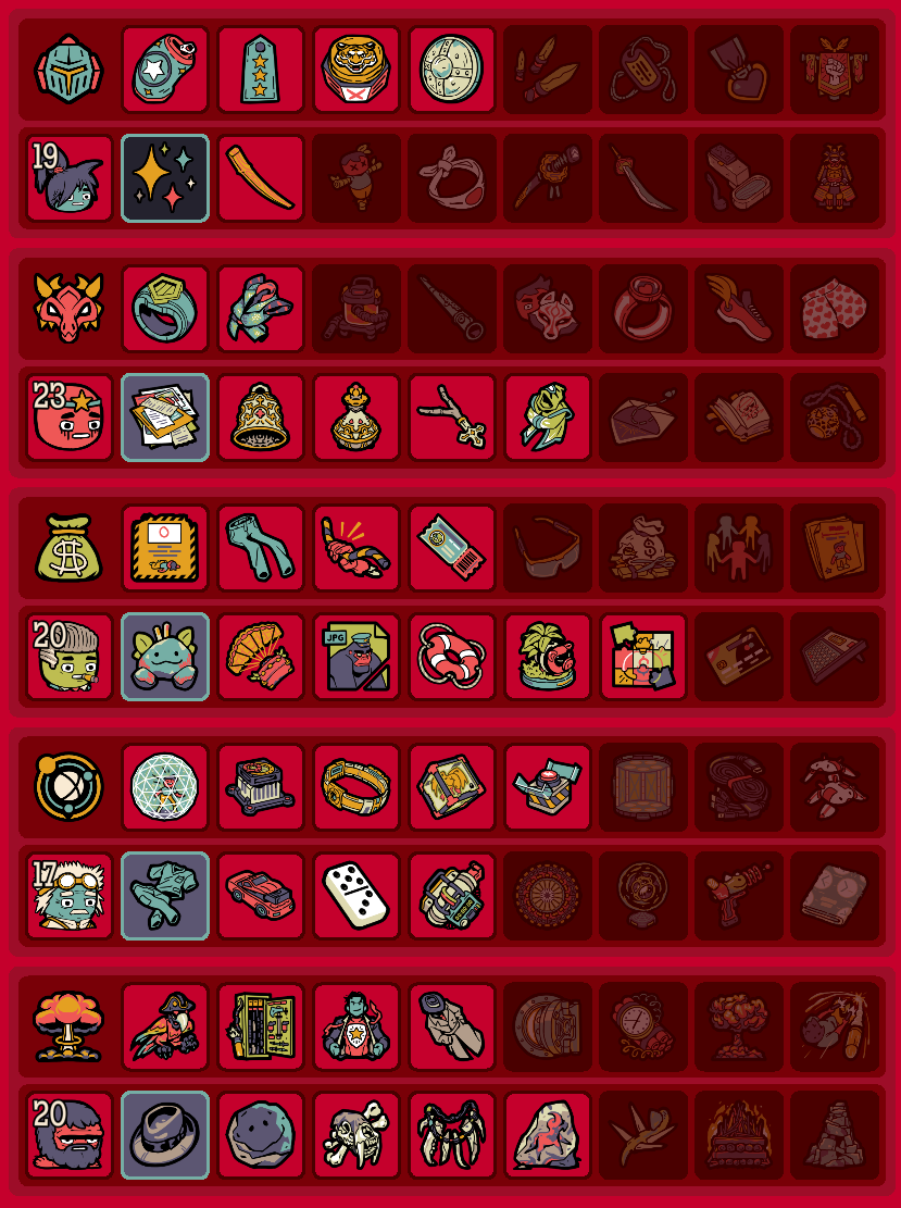 The Run Summary UI showing a team of Dudes that span five Dude Families.