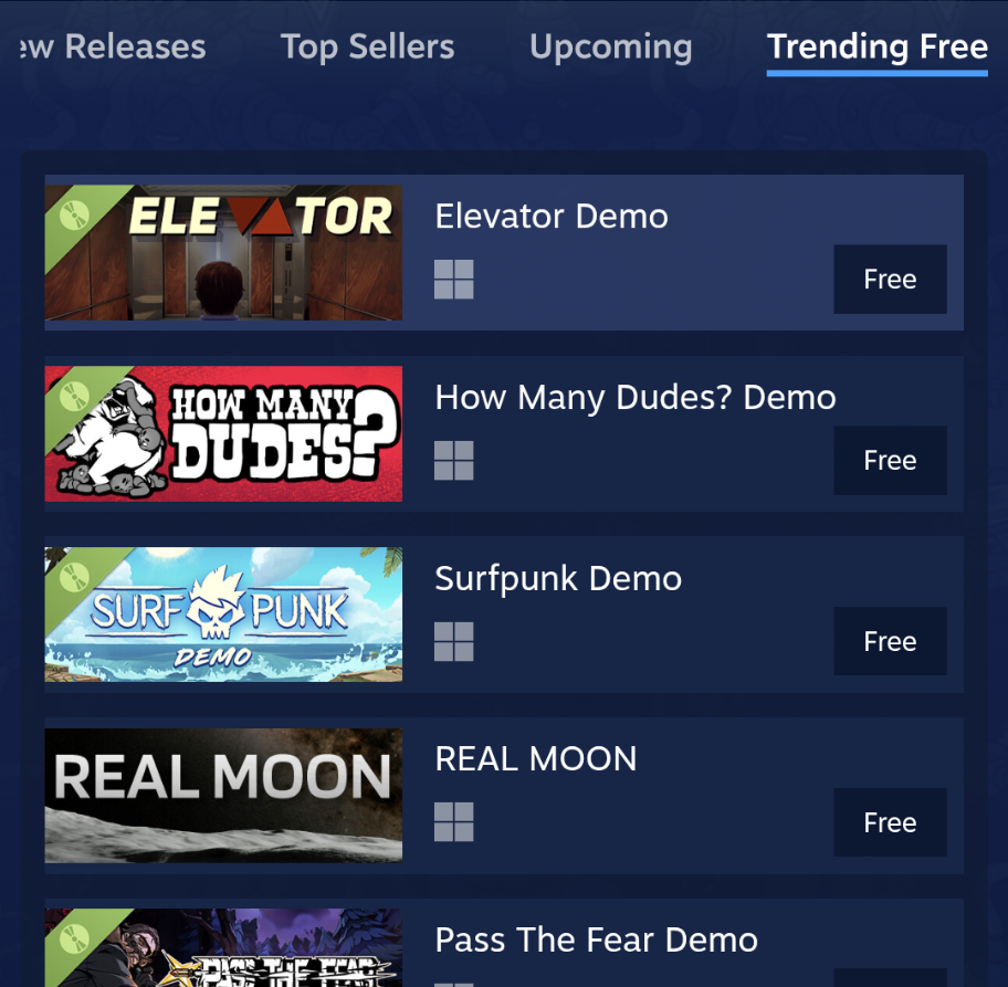 The Steam "Trending Free" list, with "How Many Dudes?" showing as the 2nd item in between two other demos.
