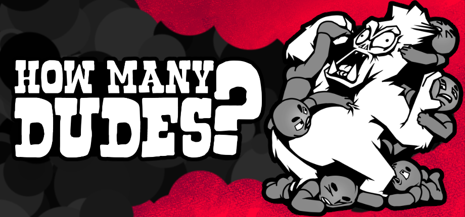 The first key art revamp for How Many Dudes, with a pile of gray dudes trying to take down a gorilla.