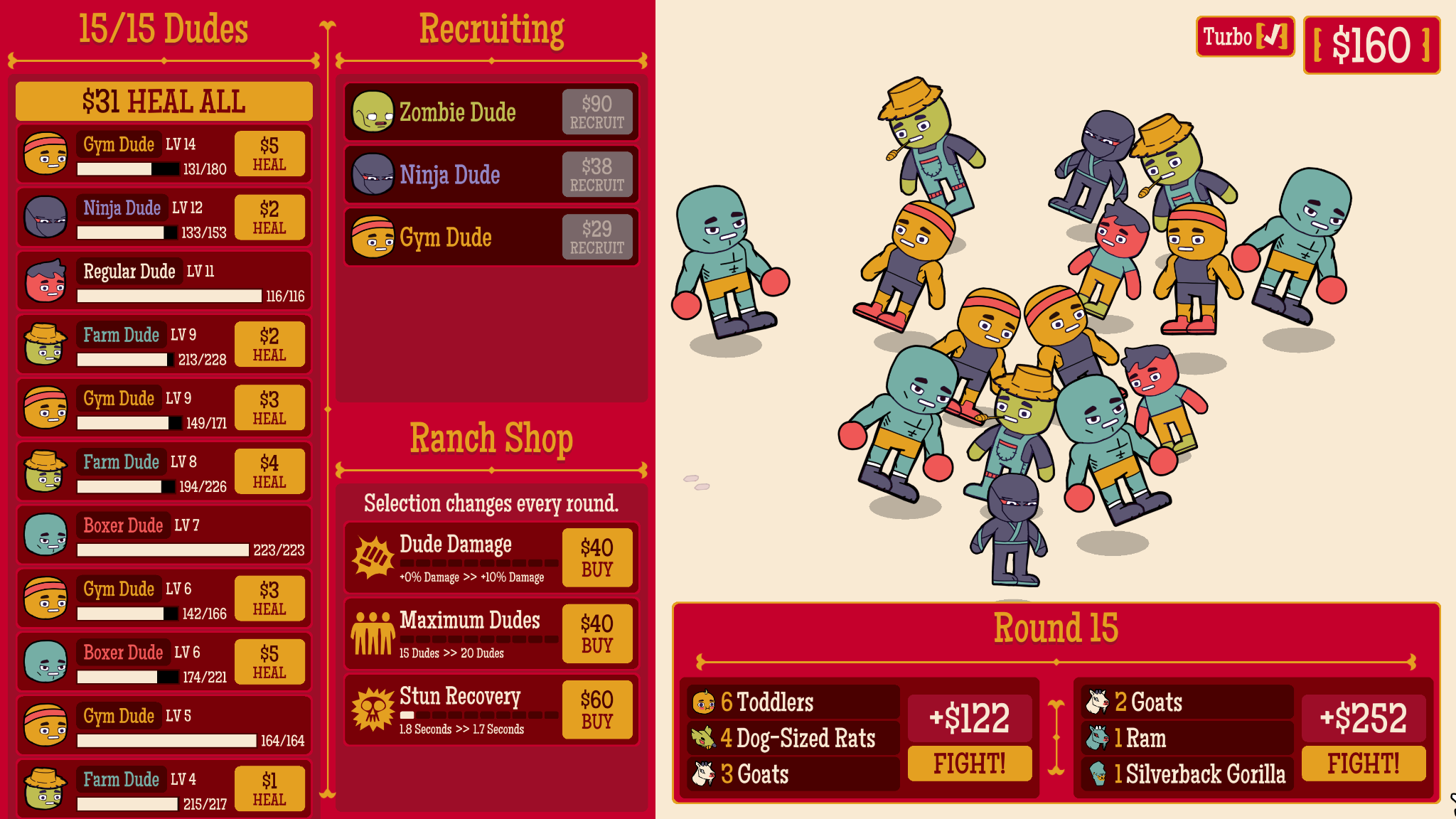 Frame from the initial game jam version of "How Many Dudes?" showing some Dudes that no longer exist and old systems that have changed dramatically.