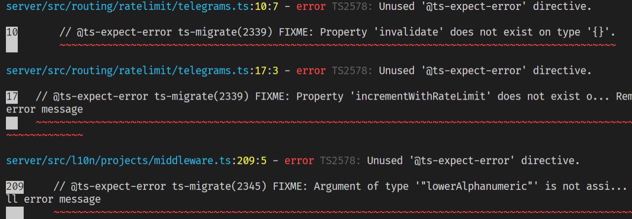 Screenshot of a terminal showing several Typescript errors.