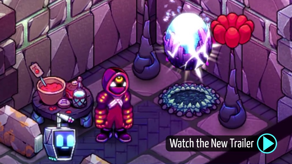 Flux and Juicebox look upon a glowing creature egg as it begins to hatch, much like Crashlands 2. Text next to a Play button says, "Watch the New Trailer"