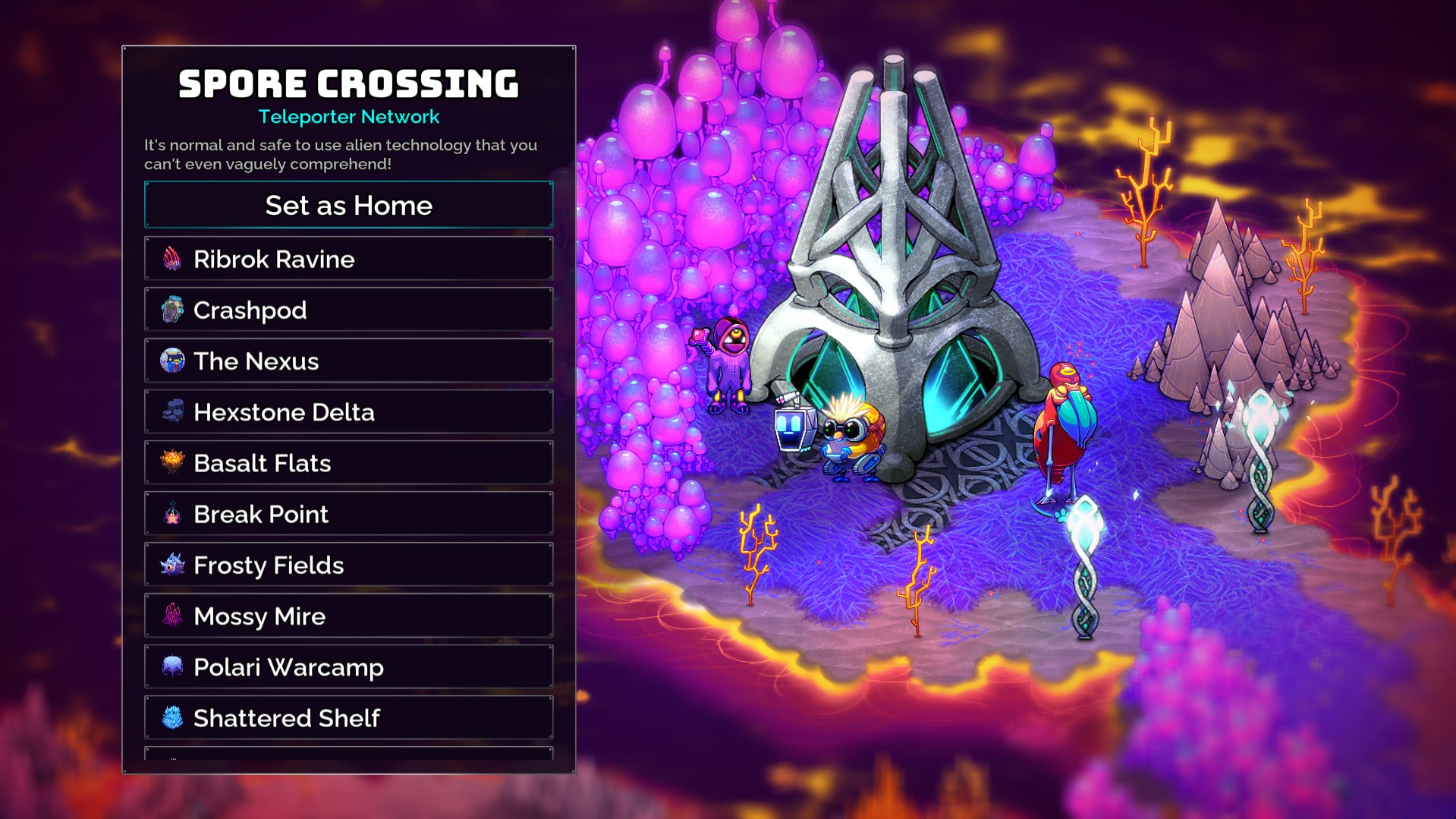 Image of teleporter page with SET AS HOME button