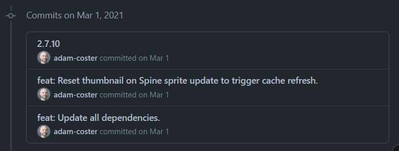 Screenshot of the Git commit log for Stitch, showing a version commit and conventional changelog messages.