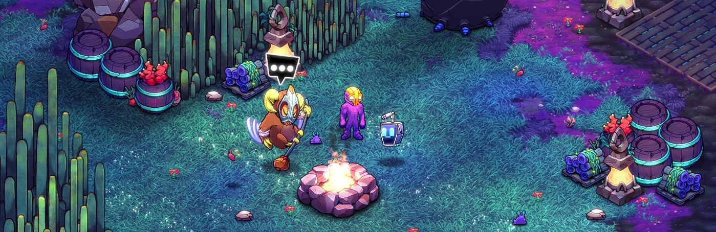 Flux, Juicebox, and Graal hanging out around a campfire between adventures.