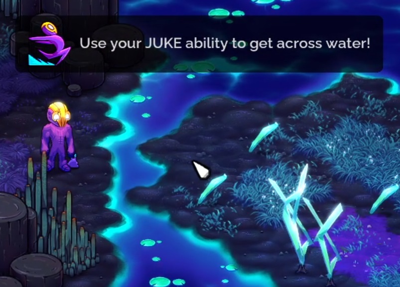 Flux standing on one side of a very narrow stream, with a game tip telling her to use JUKE to get across the water.
