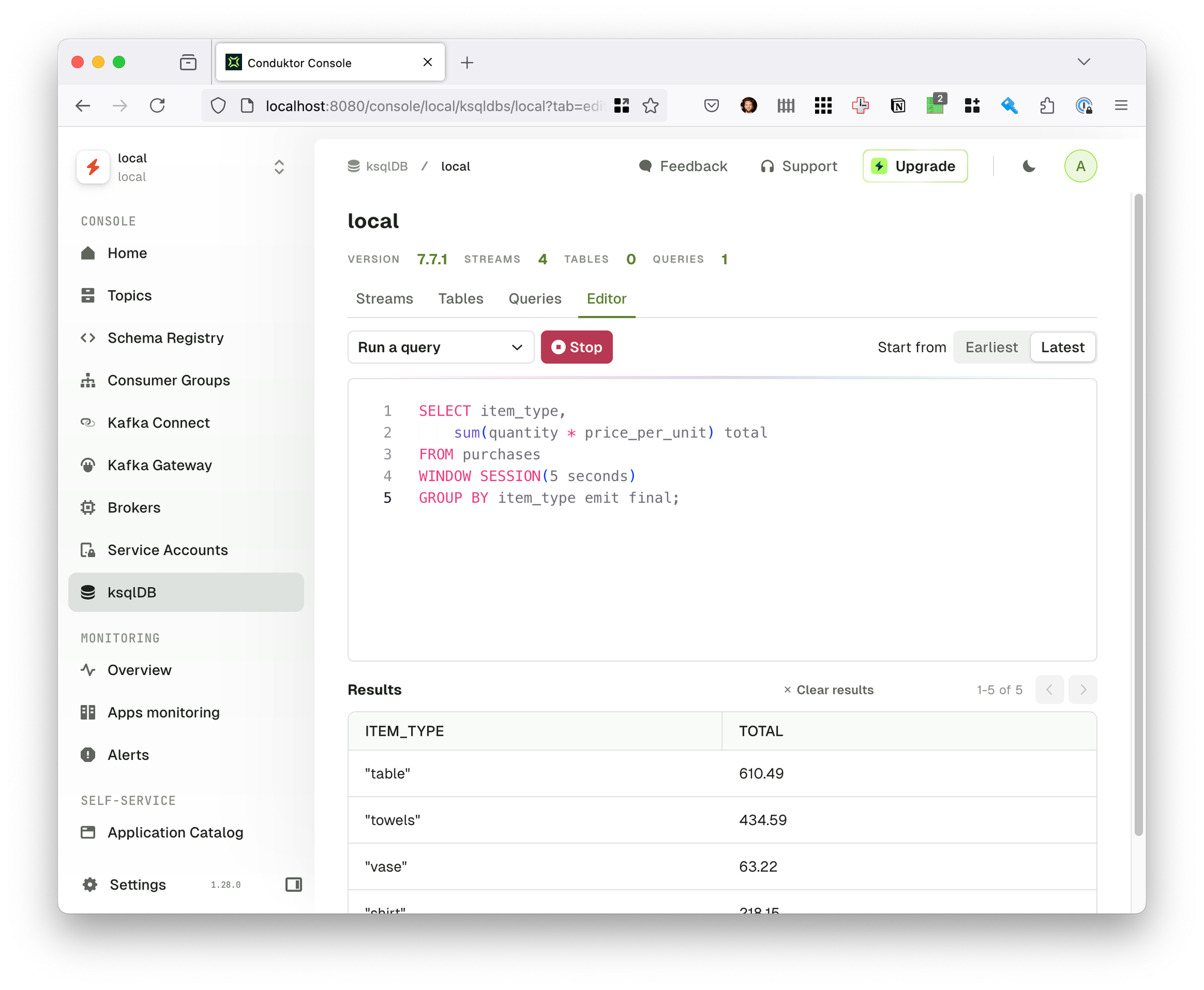 Running KSQL query inside Conduktor