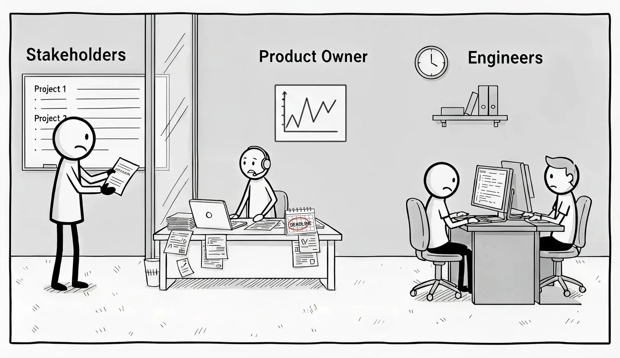 Stakeholders give a list of projects to the Product Owner, who is coordinating the execution and monitoring the timelines.