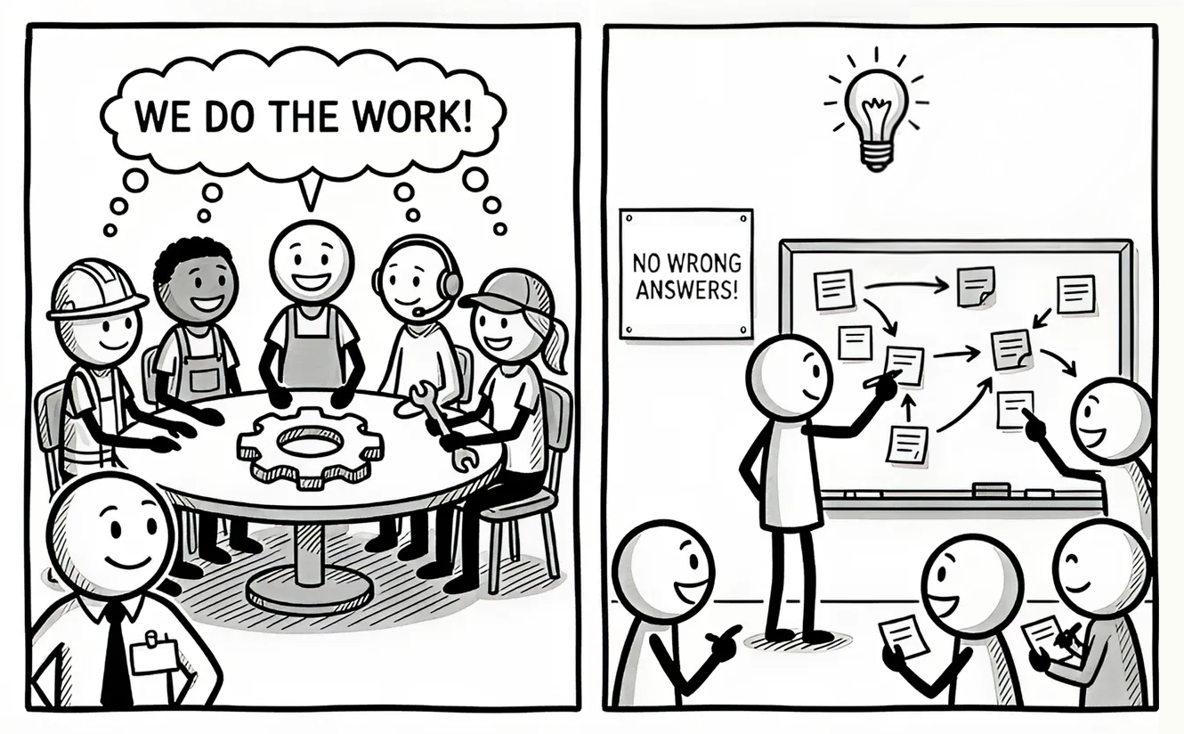 A cartoon depicts a collaborative work environment. In the first panel, diverse workers at a table think "We do the work!" while an overseer observes. In the second panel, individuals discuss ideas on a board under a sign reading "No wrong answers," with a light bulb symbolizing creative thinking.