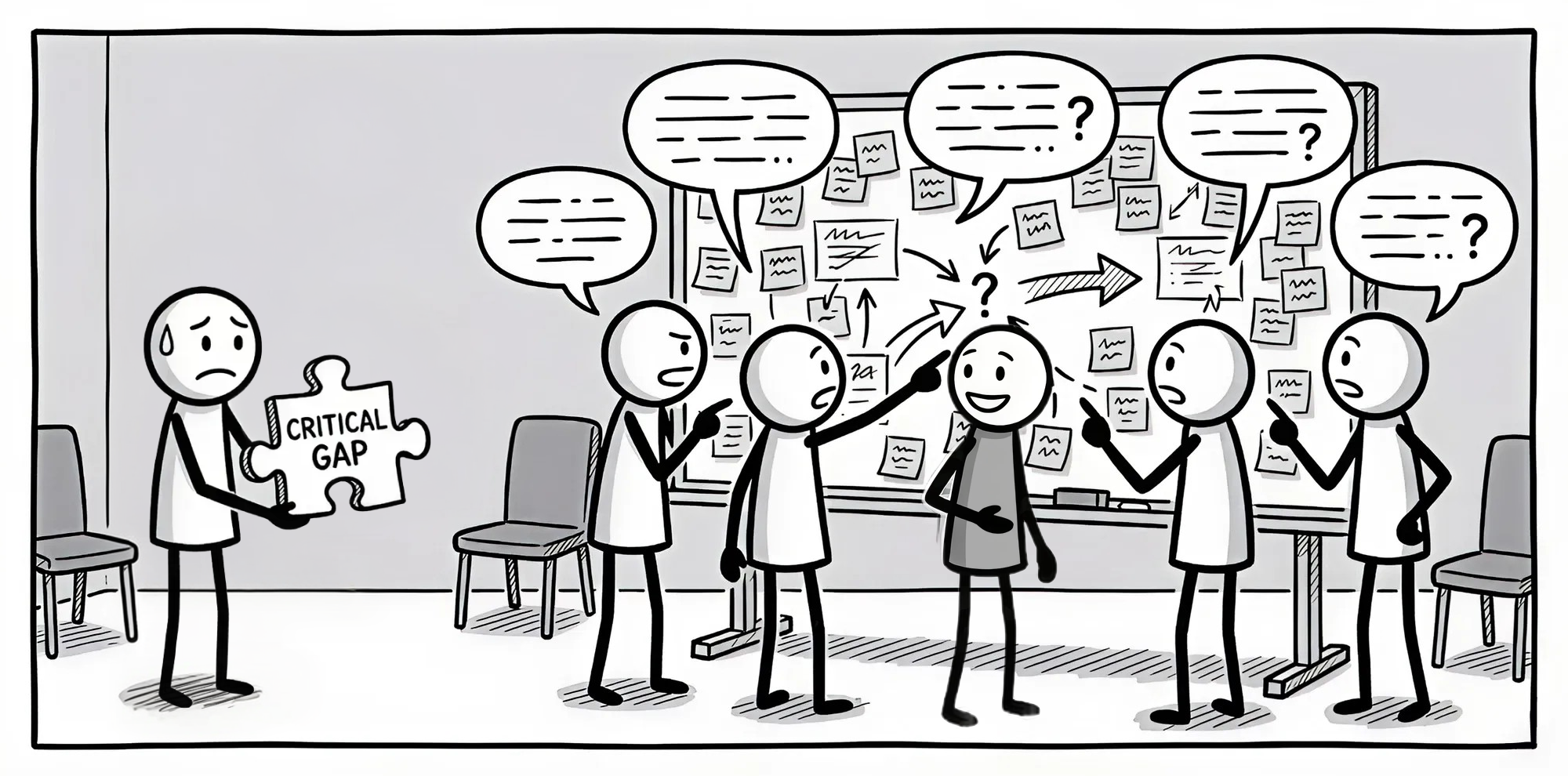 A cartoon shows four figures having an EventStorming session in front of a board. They appear confused, with question marks in speech bubbles. Another figure stands apart, looking worried, holding a puzzle piece labeled "Critical Gap."