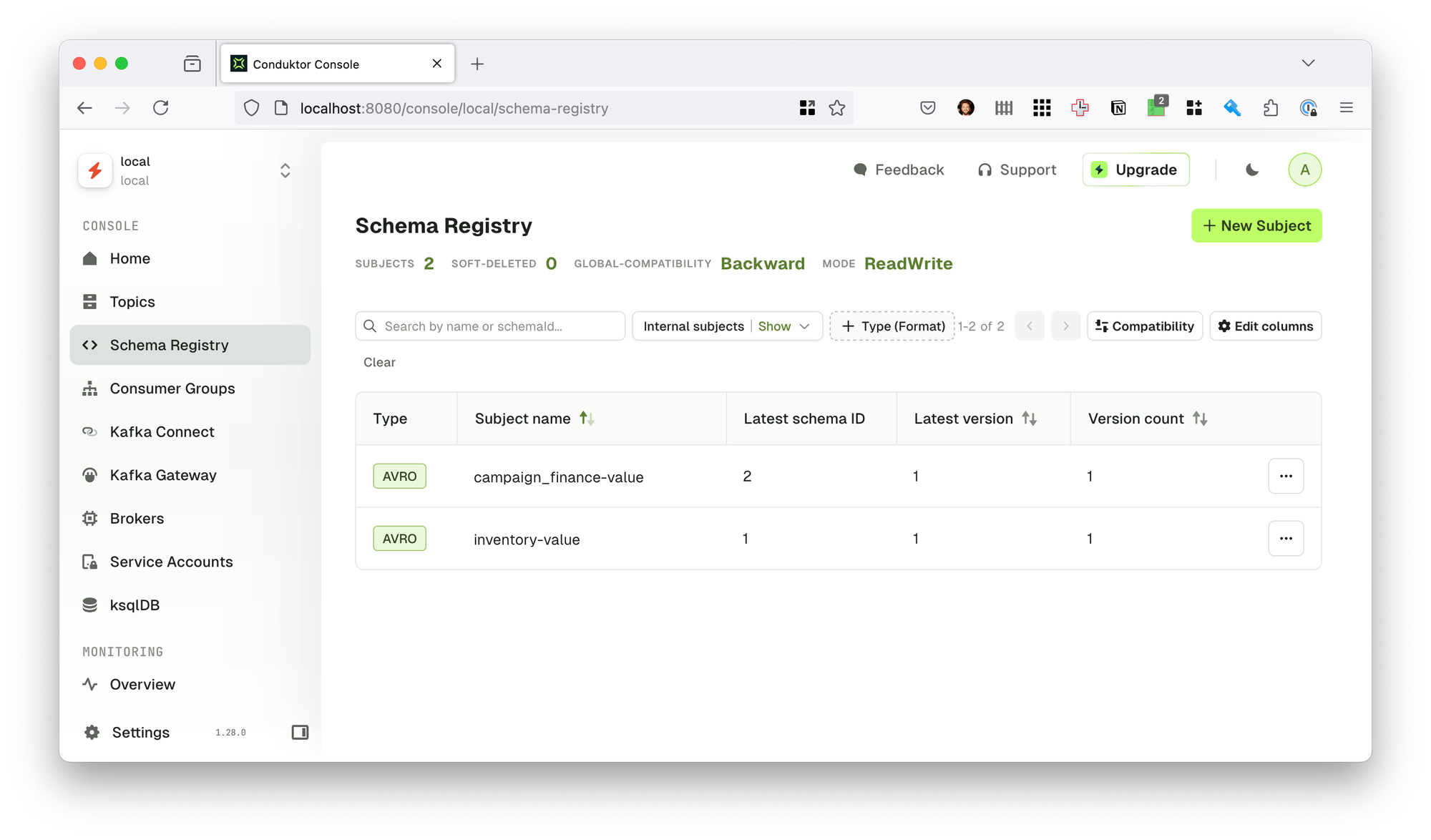 Schema Registry console in Conduktor