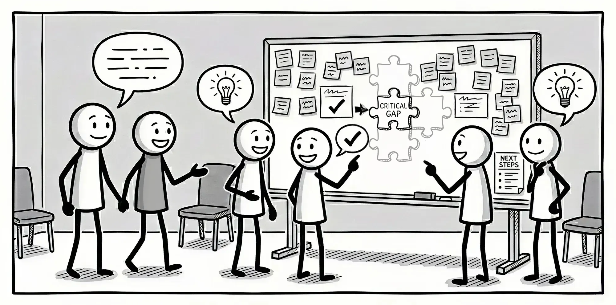 The same figures are having an EventStorming session and the "Critical Gap" piece of the puzzle is now on the board as everyone looks more relaxed.