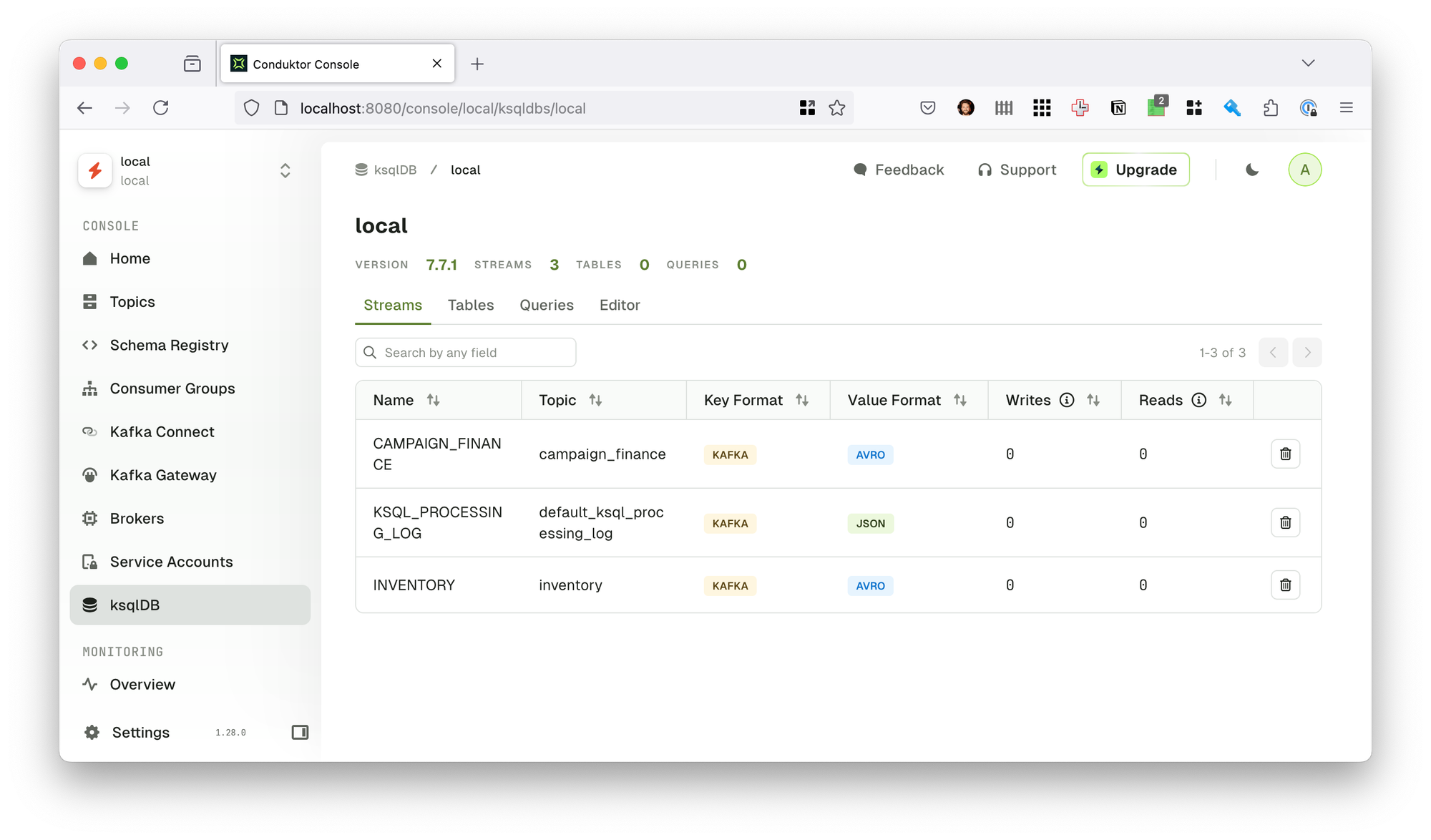 KSQLDB showing active queries in Conduktor