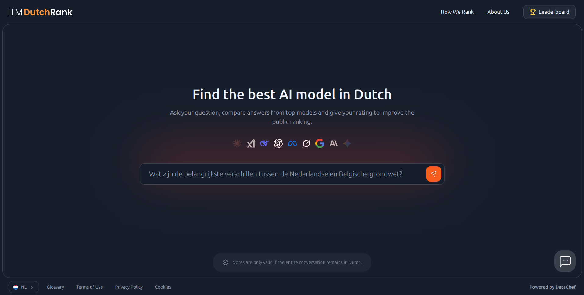 DutchRank's prompt entry screen, where users type a question in Dutch or English to start ablind model comparison.