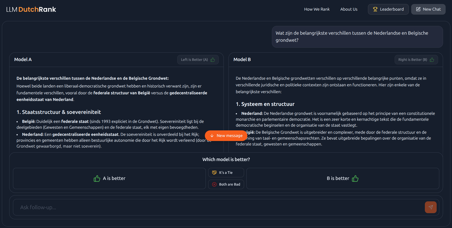 Two anonymized AI models — labeled only Model A and Model B — streaming Dutch responses side by side in DutchRank's blind battle view.