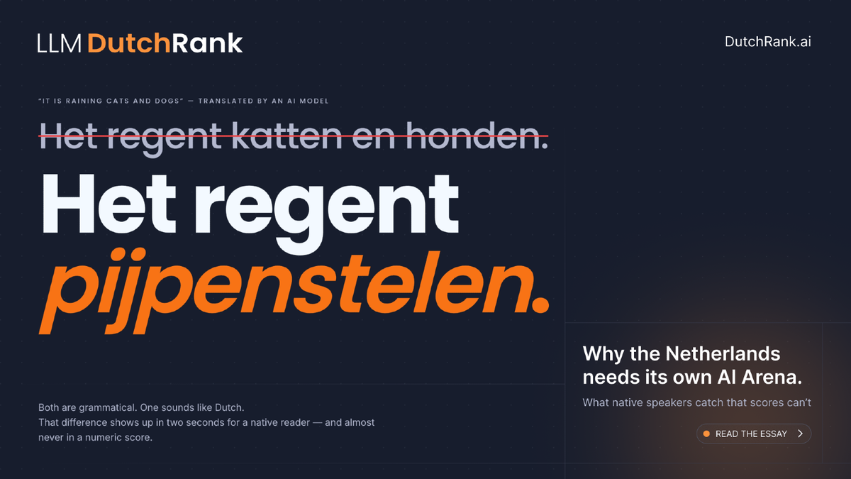 Editorial illustration introducing DutchRank as a dedicated AI evaluation arena for the Netherlands.