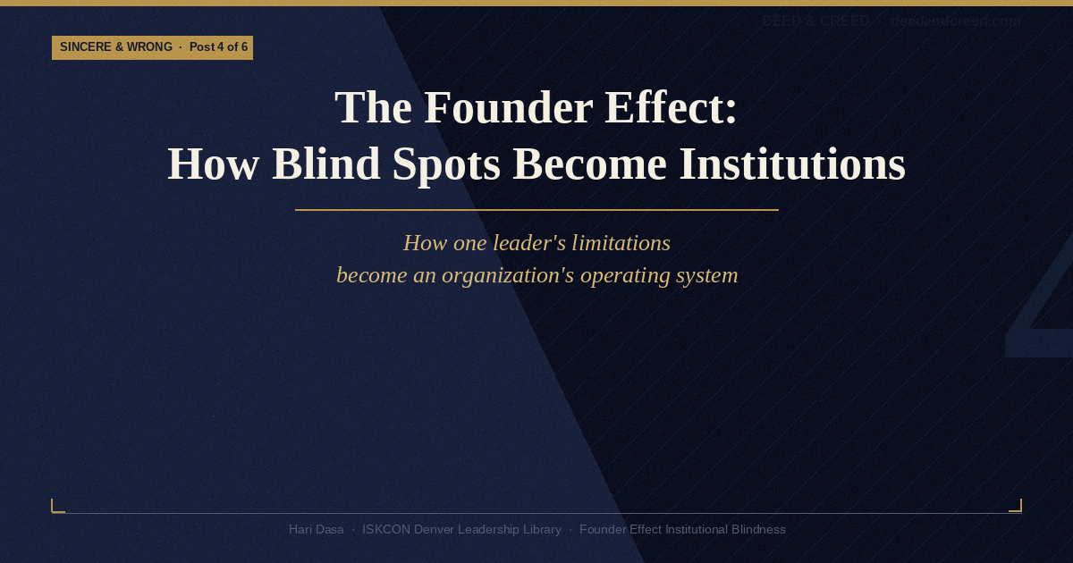 A founder silhouette casting a long institutional shadow over a building full of successors