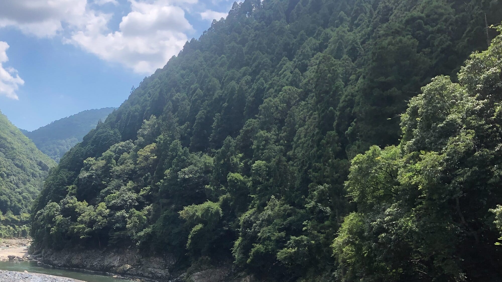 Forested Hozukyo gorge and river near Arashiyama under a summer sky