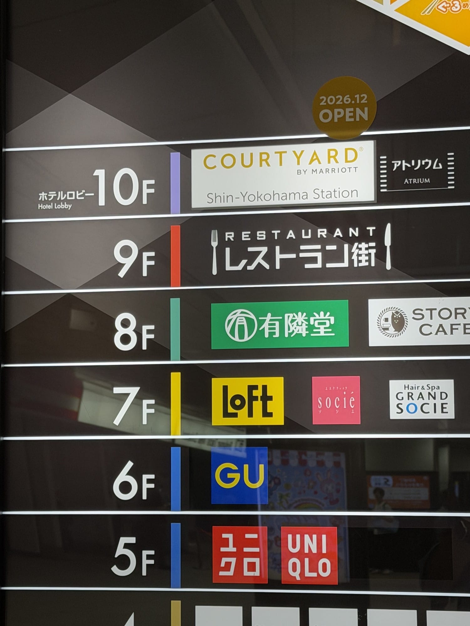Building directory showing Courtyard by Marriott Shin-Yokohama Station on the 10th floor with a December 2026 opening badge