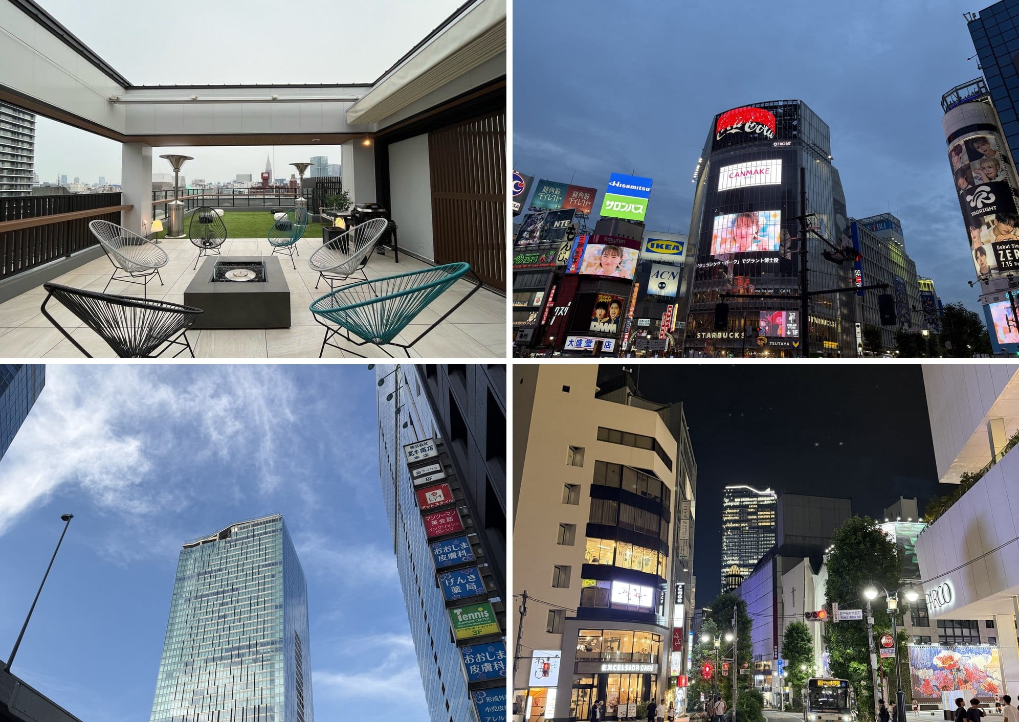 Tokyo: hotel rooftop terrace, Shinjuku neon, Shibuya Scramble Square and a Shibuya backstreet at night