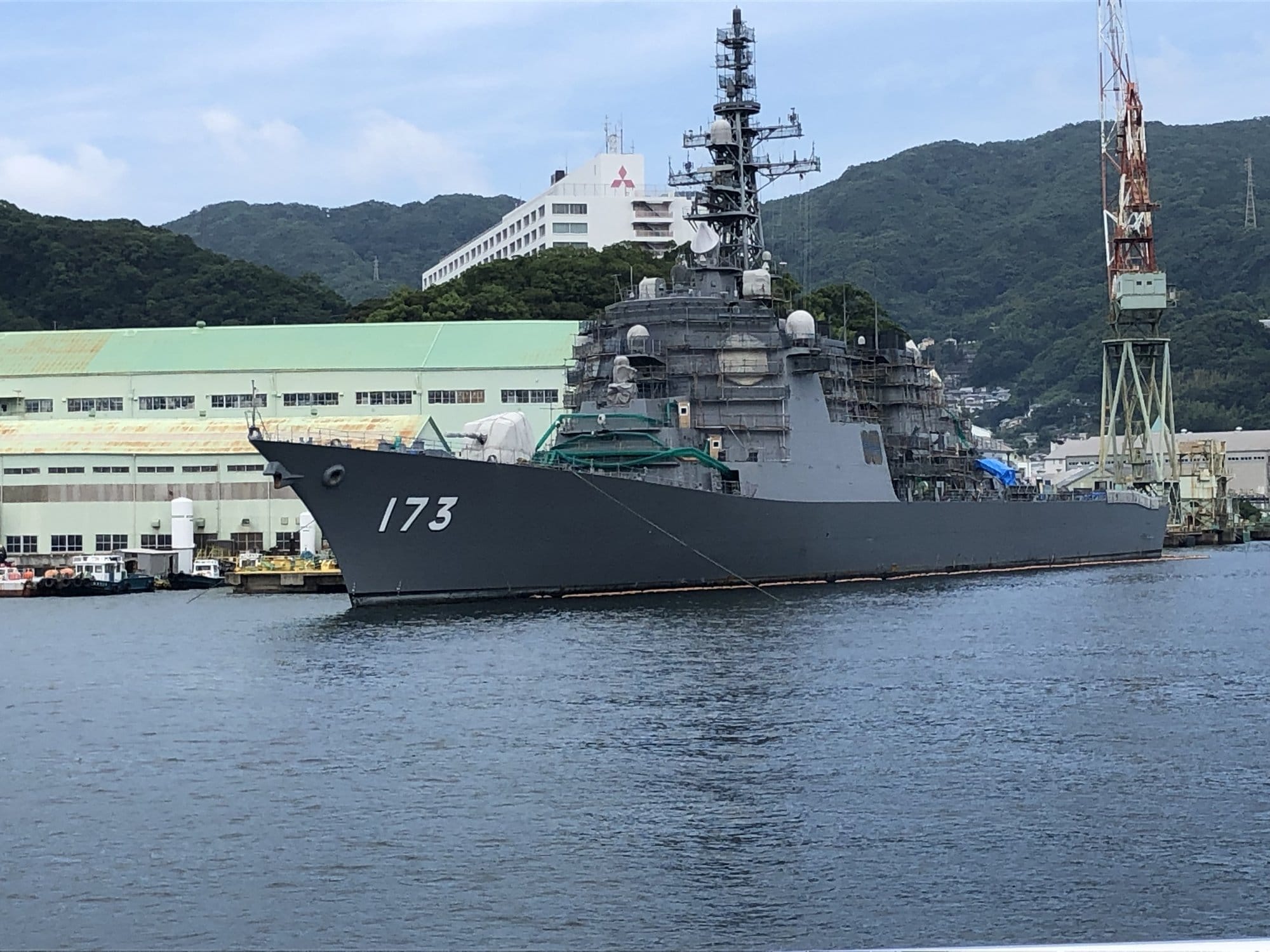 Ship docked at the Mitsubishi Heavy Industries shipyard in Nagasaki harbor