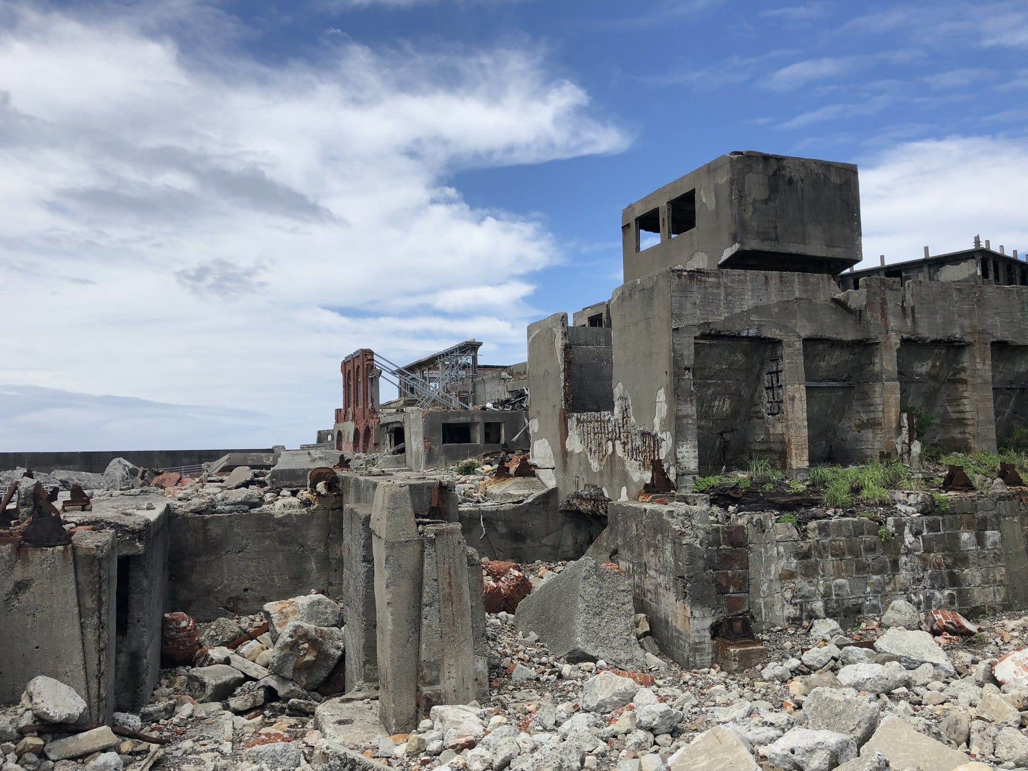 Ruined concrete buildings on Gunkanjima island off Nagasaki